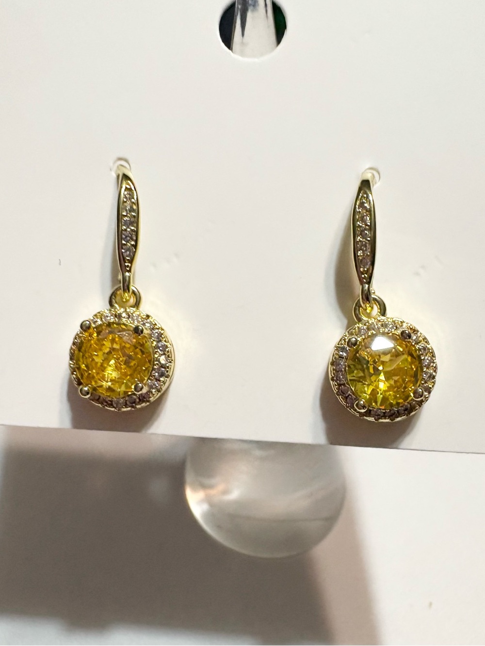 Yellow CZ Gold-Tone Halo Drop Earrings NWOT